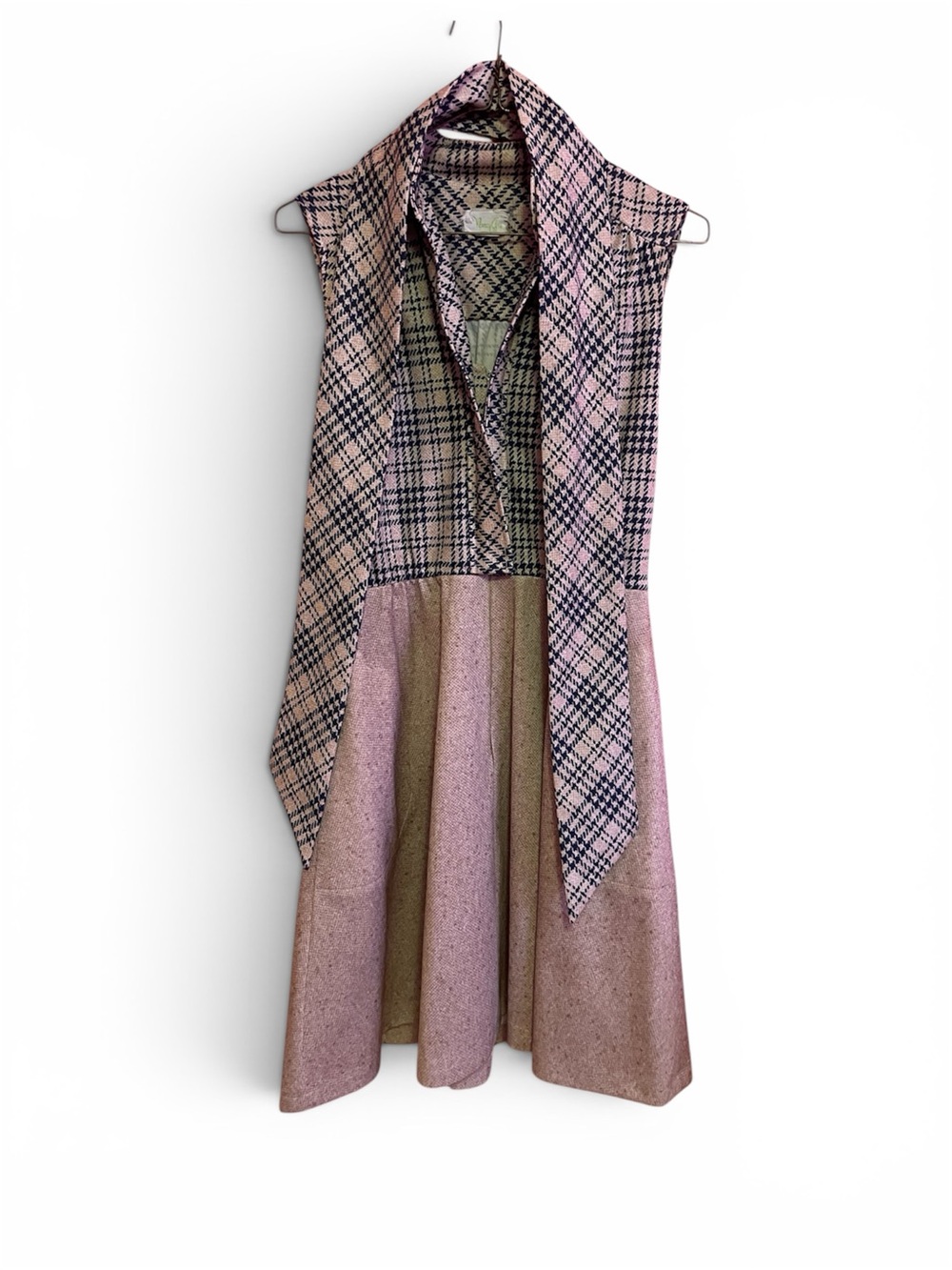 Sleeveless Pink Plaid Midi Dress with Scarf Detail